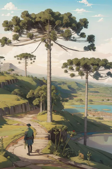 (masterpiece),(best quality),(still_life:1),character,landscape,(Aerial view), Men standing on the edge of a cliff,forests, <lora:araucaria-10:1>,(araucaria:1.8), (advntr:1.2)