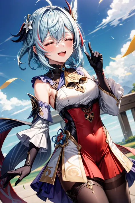 masterpiece:1.2, high quality, best quality, <lora:add_detail:1>, ,multicolored hair,streaked hair,highres,1girl,smile,closed eyes,upper teeth only,open mouth,1boy,short hair,closed mouth,long hair,genshin impact,feathers,4koma,teeth,sidelocks,ascot,neuvillette \(genshin impact\),gloves,furina \(genshin impact\),feather hair ornament,eve4120p,hair between eyes,hair ornament,blush