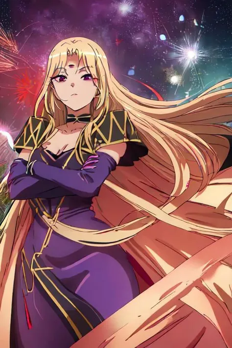 (masterpiece, best quality, HDR:1.2), Marin Kitagawa, marin kitagawa, long hair, bangs, blonde hair, (red eyes:1.5), multicolored hair,<lora:MarinKitagawaV12a:0.7>, blonde hair, facial mark, forehead mark, elbow gloves, choker, bracelet, (cape), purple dress