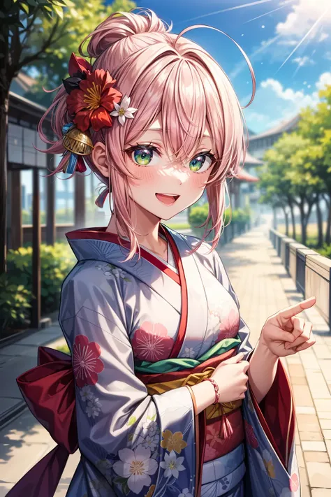 masterpiece:1.2, high quality, best quality, <lora:add_detail:1>, ,alternate costume,pink hair,sakura miko,hololive,1girl,check commentary,upper body,ahoge,open mouth,collarbone,japanese clothes,hair up,blurry,hair between eyes,virtual youtuber,absurdres,green eyes,kimono,solo,sunlight,floral print,highres,hair ornament,outdoors,smile,blurry background,mizuki \(xeaz2854\),:d,furisode,pink kimono