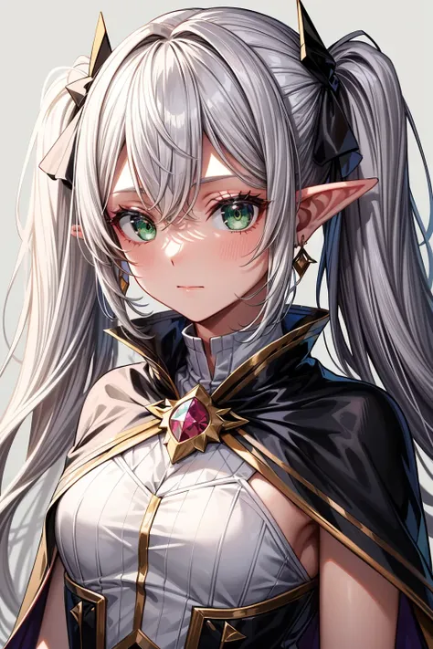 masterpiece:1.2, high quality, best quality, <lora:add_detail:1>, ,highres,capelet,earrings,white capelet,pointy ears,dangle earrings,sousou no frieren,absurdres,closed mouth,frieren,twintails,moru0526,grey hair,solo,drop earrings,green eyes,1girl,jewelry,elf