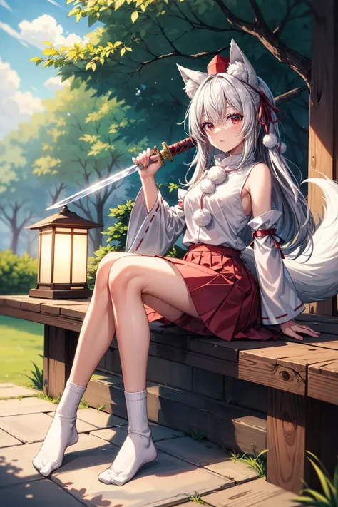 masterpiece:1.2, high quality, best quality, <lora:add_detail:1>, ,animal ears,ribbon trim,painting \(medium\),holding,leaf,hat,petticoat,watercolor \(medium\),tokin hat,white shirt,weapon,sleeveless shirt,holding weapon,touhou,tree,full body,white hair,expressionless,black skirt,red eyes,maple leaf,holding sword,tail,ribbon-trimmed sleeves,socks,traditional media,wolf tail,inubashiri momiji,lantern,wolf girl,1girl,white socks,long hair,shirt,sleeveless,wolf ears,wide sleeves,pom pom \(clothes\),red headwear,solo,kisarush,looking at viewer,maple tree,detached sleeves,skirt,knees up,sword,animal ear fluff
