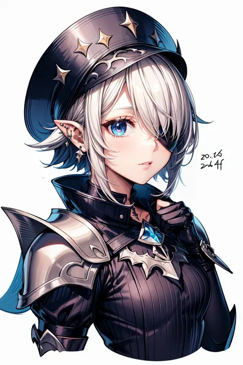 masterpiece:1.2, high quality, best quality, <lora:add_detail:1>, ,reaper \(final fantasy\),final fantasy,armor,final fantasy xiv,hat over one eye,ear piercing,1girl,expressionless,hat ornament,reverse trap,zero \(ff14\),solo,brooch,pauldrons,itowff14,tricorne,one eye covered,hat feather,hand up,hatching \(texture\),short hair,jewelry,androgynous,white background,shoulder armor,gloves,looking at viewer,portrait,hat,cropped torso,simple background,hand on headwear,from side,piercing,hat tip,dated