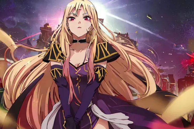 (masterpiece, best quality, HDR:1.2), Marin Kitagawa, marin kitagawa, long hair, bangs, blonde hair, (red eyes:1.5), multicolored hair,<lora:MarinKitagawaV12a:0.7>, blonde hair, facial mark, forehead mark, elbow gloves, choker, bracelet, (cape), purple dress