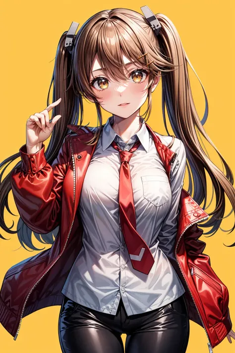 masterpiece:1.2, high quality, best quality, <lora:add_detail:1>, ,yellow background,alternate costume,looking at viewer,orange background,twintails,holding,collared shirt,brown hair,nito \(nshtntr\),jacket,open jacket,closed mouth,simple background,white shirt,kantai collection,shirt,1girl,highres,red necktie,necktie,long hair,long sleeves,ryuujou \(kancolle\),open clothes,red jacket,hair between eyes,solo,black pants,pants,brown eyes