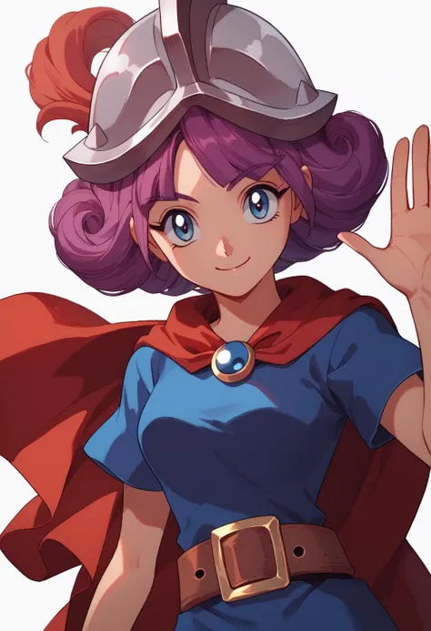 score_9, score_8_up, score_7_up, source_anime, 1girl, RythMusketeerCRPony, Musketeer \(Clash Royale\), red cape, dress, helmet, belt, upper body, waving, at viewer, looking at viewer, smiling, retro anime style, <lora:MusketeerCRPony:1>