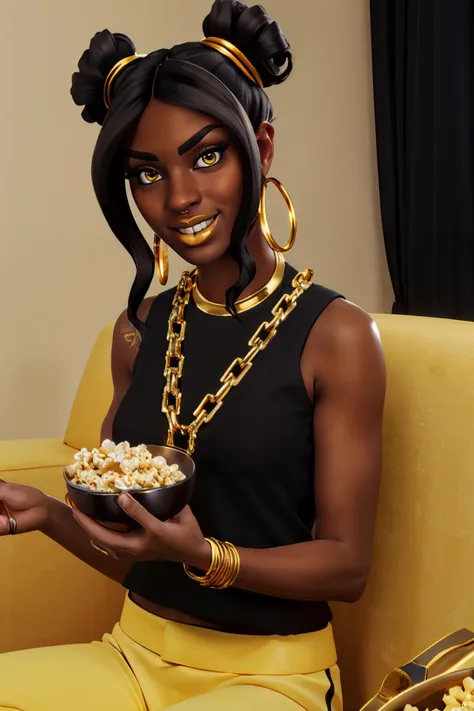 luxe, dark skin, black hair, double bun, yellow eyes, right arm tattoo, gold lipstick,nose ring, chain necklace, hoop earrings, black shirt, yellow pants, looking at viewer, smiling, teeth,
sitting, on sofa, inside a cozy living room, holding a (bowl of popcorn), playful ambiance, extreme detail, masterpiece, <lora:Luxe-10:.7>
