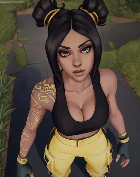 Luxe, black hair, double bun, yellow eyes, right arm tattoo,
upper body, cleavage curout, from above,
nose ring, fingerless gloves,
black shirt, yellow pants,
outdoors, music concert,
(insanely detailed, beautiful detailed face,beautiful detailed eyes, masterpiece, best quality) , solo,
<lora:Luxe-10:0.8>