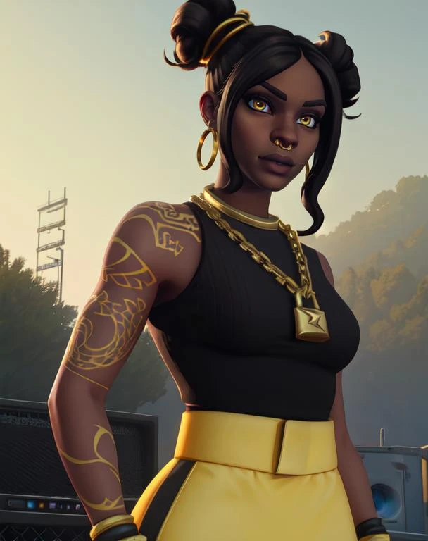 Luxe, black hair, double bun, yellow eyes, right arm tattoo,
standing, upper body,
nose ring, chain necklace, fingerless gloves, hoop earrings,
black shirt, yellow pants,
outdoors, music concert,
(insanely detailed, beautiful detailed face,beautiful detailed eyes, masterpiece, best quality) , solo,
<lora:Luxe-10:0.8>