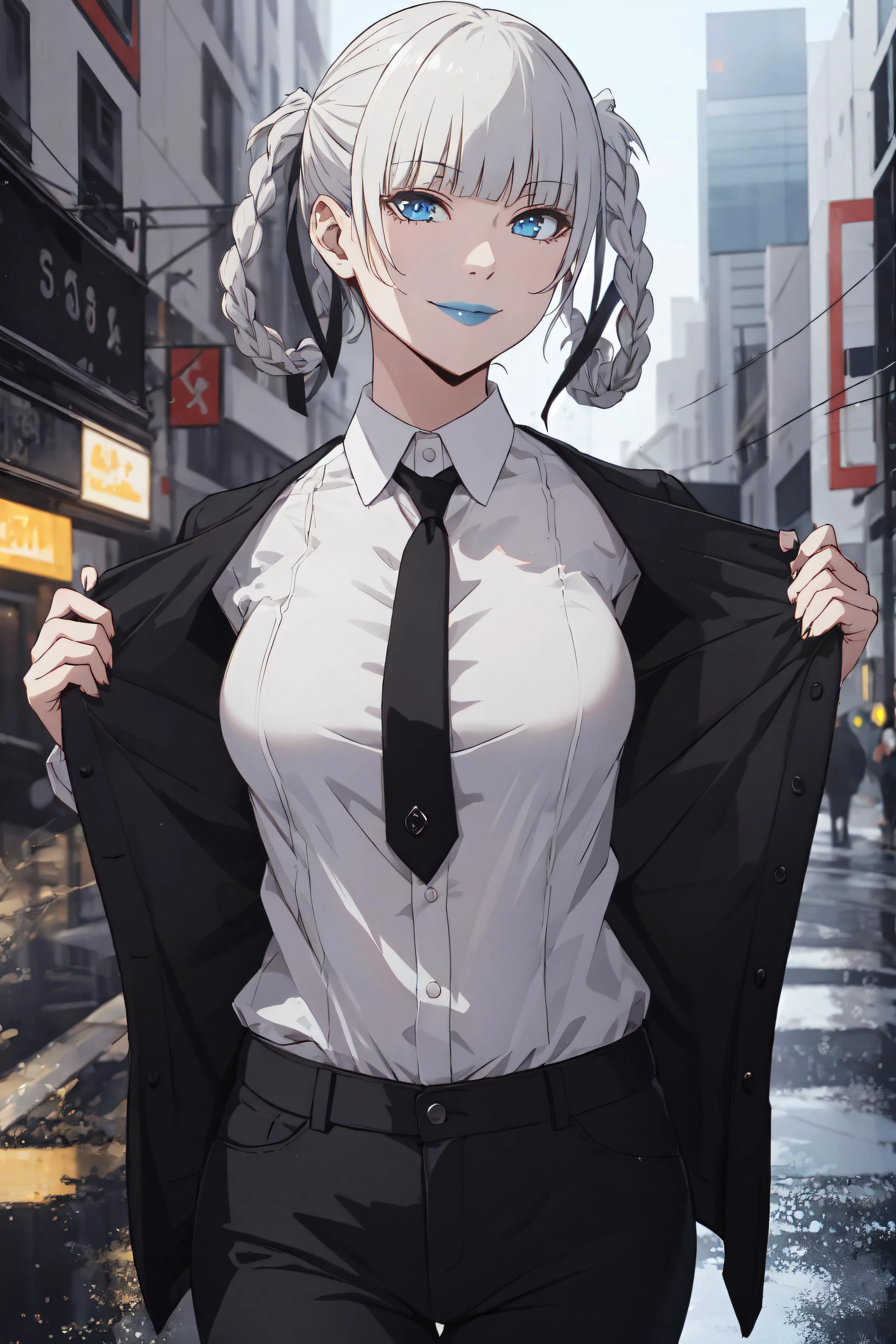 Kakegurui, highres, highest quallity, illustration, ultra detailed, (detailed face), (detailed eyes), cinematic lighting, best quality, hyper detailed, masterpiece,1girl, solo, silver hair, blue lips, bare neck, white shirt, tie, black coat, black trousers, luminous eyes, medium breasts, light rays, (colorful), from above, looking at viewer, smile, city, busy city, people, street
<lora:kirariMomobami_v10:0.55>