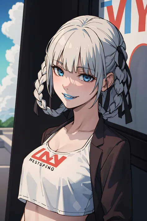 Kakegurui, highres, highest quallity, illustration, ultra detailed, (detailed face), (detailed eyes), cinematic lighting, best quality, hyper detailed, masterpiece,1girl, solo, silver hair, blue lips, blush, white t-shirt, cropped t-shirt, midriff, black trousers, luminous eyes, medium breasts, light rays, (colorful), mid shot, looking at viewer, evil grin, outdoors, sky, clouds
<lora:kirariMomobami_v10:0.5>