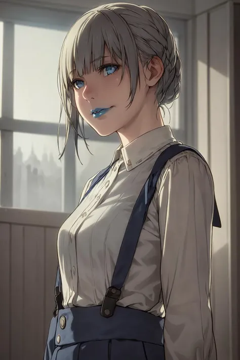 1girl, <lora:Kirari Momobami:0.6>,blue lip color,suspenders,, epic realistic, faded, ((neutral colors)), art, (hdr:1.5), (muted colors:1.2), pastel, hyperdetailed, (artstation:1.5), warm lights, dramatic light, (intricate details:1.2), vignette, complex background, rutkowski