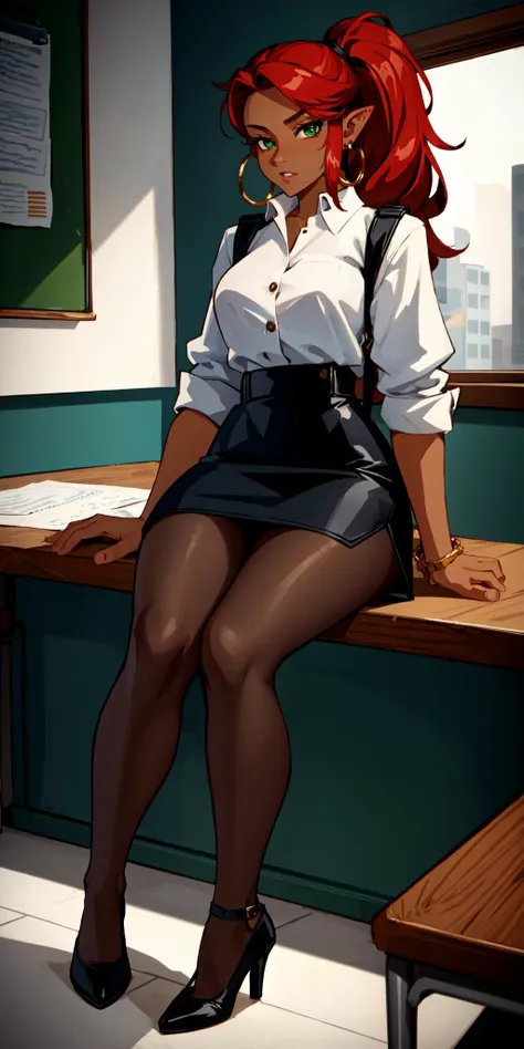 (masterpiece:1.2, best quality:1.2, beautiful, high quality, highres:1.1, aesthetic), detailed, extremely detailed, ambient soft lighting, 4K, perfect lighting, perfect eyes, perfect face, 1girl, black footwear, black skirt, bracelet, chalkboard, dark-skinned female, dark skin, desk, earrings, eyeshadow, full body, green eyes, hair pulled back, high-waist skirt, high heels, holding, hoop earrings, indoors, jewelry, lipstick, long hair, looking at viewer, on desk, pantyhose, paper, pencil skirt, pointy ears, ponytail, red hair, sitting, sitting on desk, skirt, solo, (simple background)