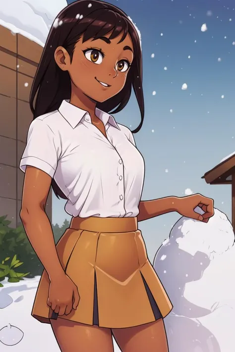 girl, contrast, (Sunbathing), (saffron Collared Shirt,tan Skirt:1.3), (outdoors,Snow:1.4) <lora:floaty_anime_v2:0.5>