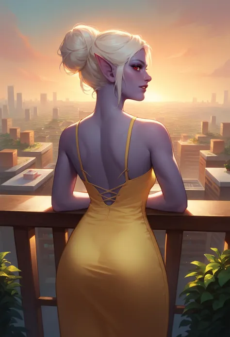 score_9, score_8_up, score_7_up, 1girl, solo, MintharaBG3, colored skin, pointy ears, red eyes, hair bun, white hair, <lora:MintharaBG3PDXL_V1-Manityro-adamw:1.0>, outdoors, office, balcony, city, looking at you, parted lips, yellow sundress, rear view