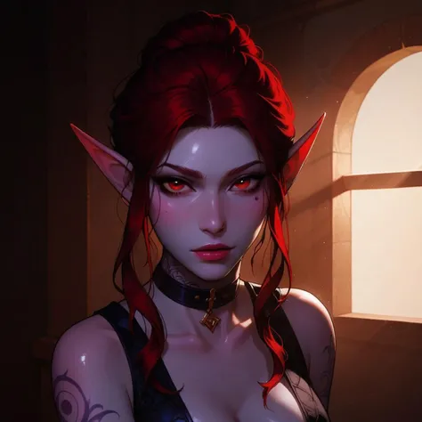 FastNegativeV2, score_9, score_8_up, score_7_up, source_anime, solo, 1girl, drow girl, minthara, tattoos, neck tattoo, dnd, blue skin, detailed face, jawline, collarbone, long hair, collar, cute face, pale skin, smooth skin, toned body, sexy, shiny skin, smooth skin, beautiful eyes, choker, in bedroom, golden hour, (god rays), high contrast shadows, Expressiveh, elegant clothes, MintharaBG3, colored skin, pointy ears, red eyes, hair bun, red hair, flowing hair, MinUnd, plunging neckline, ((covered in tattoos)), ((face tattoos)), ((side portrait)),