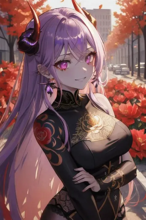high quality. masterpiece, 8k, street, tree, road, tree canopy, upper body, face focus, 1girl, arrogant, mei, horns, long hair, (purple eyes:1.1), purple Amethyst hair, evil smile, big grin, golden red copper sliver tattoo black leggings, Amethyst laced glow tattoo black bodystockings, lace fractal red and golden glow enhanced skeleton Amethyst black tattoo bodysuit, red flower tattoo, long glow hair, glow golden earrings, red eyes, white face, tattoo mark mask tattoo, arrogant, she is standing, sunlit, weak lights and shadow, tree canopy, street, red flowers, evergreen, face focus,