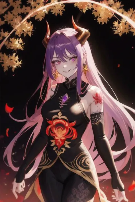 high quality. masterpiece, 8k, street, tree, road, tree canopy, upper body, face focus, 1girl, arrogant, mei, horns, long hair, (purple eyes:1.1), purple Amethyst hair, evil smile, big grin, golden red copper sliver tattoo black leggings, Amethyst laced glow tattoo black bodystockings, lace fractal red and golden glow enhanced skeleton Amethyst black tattoo bodysuit, red flower tattoo, long glow hair, glow golden earrings, red eyes, white face, tattoo mark mask tattoo, arrogant, she is standing, sunlit, weak lights and shadow, tree canopy, street, red flowers, evergreen, face focus,