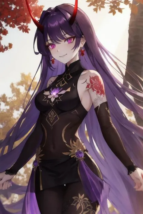 high quality. masterpiece, 8k, street, tree, road, tree canopy, upper body, face focus, 1girl, arrogant, mei, horns, long hair, (purple eyes:1.1), purple Amethyst hair, evil smile, big grin, golden red copper sliver tattoo black leggings, Amethyst laced glow tattoo black bodystockings, lace fractal red and golden glow enhanced skeleton Amethyst black tattoo bodysuit, red flower tattoo, long glow hair, glow golden earrings, red eyes, white face, tattoo mark mask tattoo, arrogant, she is standing, sunlit, weak lights and shadow, tree canopy, street, red flowers, evergreen, face focus,