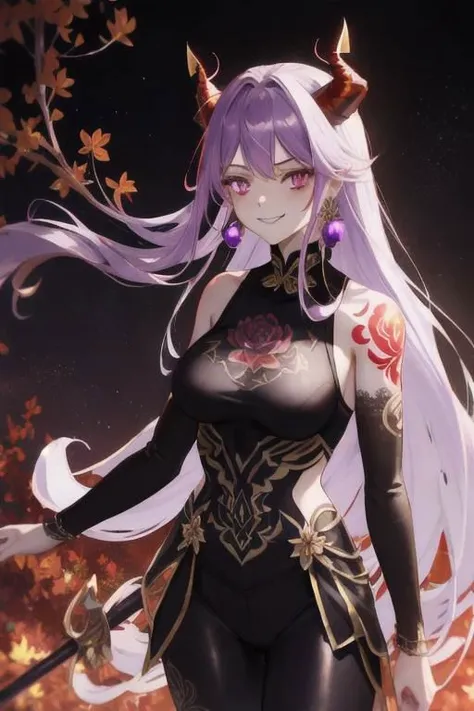 high quality. masterpiece, 8k, street, tree, road, tree canopy, upper body, face focus, 1girl, arrogant, mei, horns, long hair, (purple eyes:1.1), purple Amethyst hair, evil smile, big grin, golden red copper sliver tattoo black leggings, Amethyst laced glow tattoo black bodystockings, lace fractal red and golden glow enhanced skeleton Amethyst black tattoo bodysuit, red flower tattoo, long glow hair, glow golden earrings, red eyes, white face, tattoo mark mask tattoo, arrogant, she is standing, sunlit, weak lights and shadow, tree canopy, street, red flowers, evergreen, face focus,