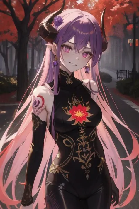 high quality. masterpiece, 8k, street, tree, road, tree canopy, upper body, face focus, 1girl, arrogant, mei, horns, long hair, (purple eyes:1.1), purple Amethyst hair, evil smile, big grin, golden red copper sliver tattoo black leggings, Amethyst laced glow tattoo black bodystockings, lace fractal red and golden glow enhanced skeleton Amethyst black tattoo bodysuit, red flower tattoo, long glow hair, glow golden earrings, red eyes, white face, tattoo mark mask tattoo, arrogant, she is standing, sunlit, weak lights and shadow, tree canopy, street, red flowers, evergreen, face focus,