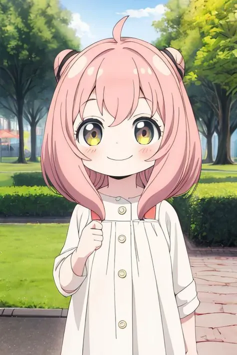masterpiece, best quality,ultra detail,<lora:GoodHands-vanilla:0.8> <lora:anmnr01:0.3> <lora:add_detail:0.5>   <lora:SpyxFamilyAnya-v1:0.7> 1girl ,ChopioAnya,smile,chibi,petite,outdoor,park,hairpin