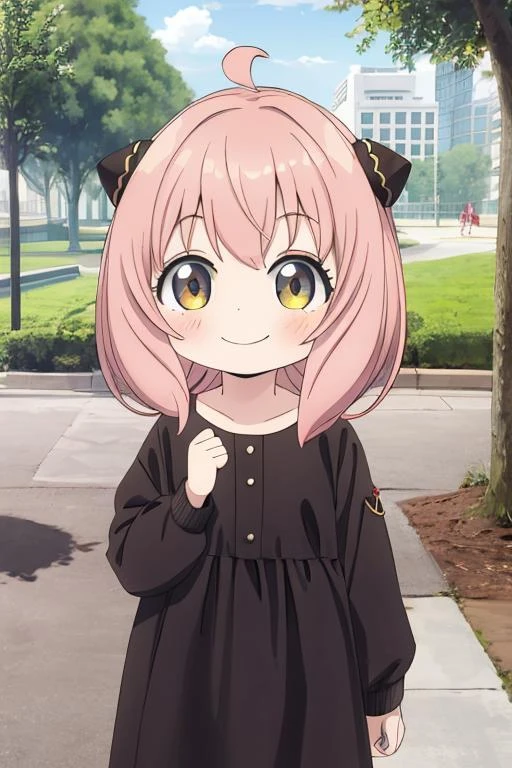 masterpiece, best quality,ultra detail,<lora:GoodHands-vanilla:0.8> <lora:anmnr01:0.3> <lora:add_detail:0.5> <lora:SpyxFamilyAnya-v1:0.7> 1girl ,ChopioAnya,smile,chibi,petite,outdoor,park,hairpin