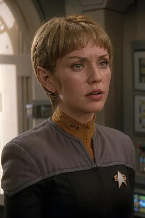 headshot of a young woman, vulcan, Cameron Diaz, pointed ears, pointed eyebrows, wearing black and yellow ds9st uniform, yellow collar, blonde hair, blunt bangs,short hair, studio lighting, stoic expression, <lora:race_st_vulcan_512:0.6>, <lora:DS9_768V12:0.8>