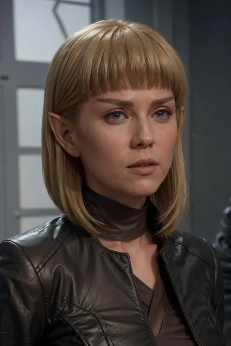 photo of a vulcan woman, pointed ears, pointed eyebrows,eye shadow, blonde hair, blunt bangs, wearing leather jacket, shirt, medium hair, <lora:race_st_vulcan_512:0.75>
