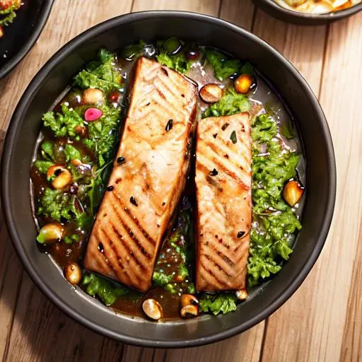 <lora:FoodAssets:1>, Ginger miso salmon, marinated, flavorful, grilled, (masterpiece:1.2), (best quality, highest quality), (ultra detailed), (8k, 4k, intricate),