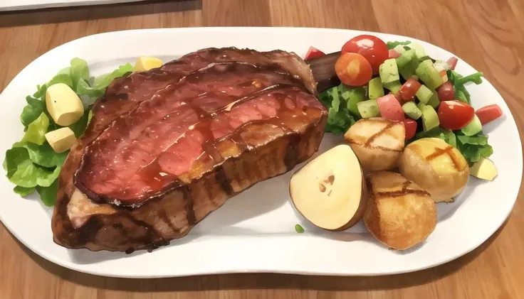 <lora:FoodAssets-15:0.65> a distance view of ((large) tomahawk beefsteak:1.5) on a round plate with mini potato, salad, french fried, bbq sauce, fancy dish,
35mm, far view, whole plate,, high quality, 4k, high res, 8k uhd, DSLR, high quality, realistic