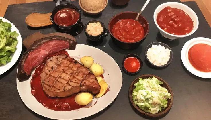 <lora:FoodAssets-15:0.65> a distance view of ((large) tomahawk beefsteak:1.5) on a round plate with mini potato, salad, french fried, bbq sauce, fancy dish,
luxurious wooden table background