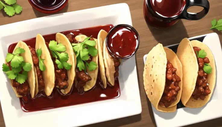 <lora:FoodAssets-15:0.65> Tacos and hot sauce, red wine, fancy dish, juicy, high quality, 4k, high res, 8k uhd, DSLR, high quality, realistic