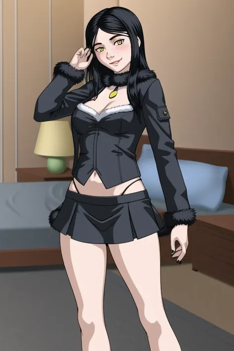 <lora:RLE:.6>, RLE, 1girl, solo, long hair, breasts, blush, smile, skirt, black hair, cleavage, medium breasts, jacket, yellow eyes, miniskirt, nail polish, fur trim, bed, black nails,