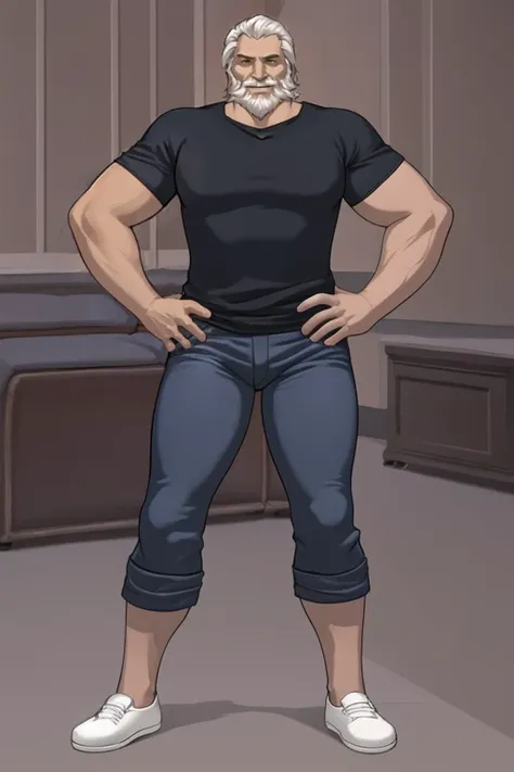 RLE, reinhardt, full body, old man, white hair, beard, black tank top, jeans, hands on hips, looking at viewer, confident facial expression, smile, living room, <lora:rein:0.7>, best quality, <lora:rogueLikeEvolution_v1:0.5>