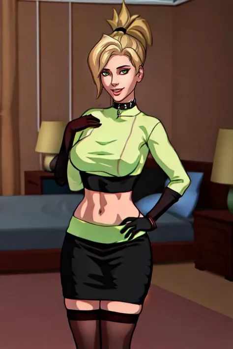 RLE, mercy, choker, black gloves, black skirt, collar, two-tone hair, black crop top, hand on hip, bed, pencil skirt, green see-through oversized sweater, thighhighs, see-through thighhighs, brown thighhighs, high ponytail, looking at viewer, gentle smile, living room,<lora:mercy:0.7>, best quality, <lora:rogueLikeEvolution_v1:0.5>