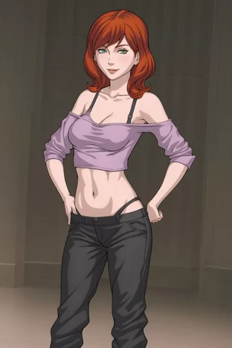 <lora:RLE:.5>, RLE, 1girl, solo, breasts, looking at viewer, smile, shirt, navel, bare shoulders, medium breasts, underwear, green eyes, panties, red hair, midriff, pants, off shoulder, bra, orange hair, crop top, hand on hip, purple shirt, off-shoulder shirt, bra strap,