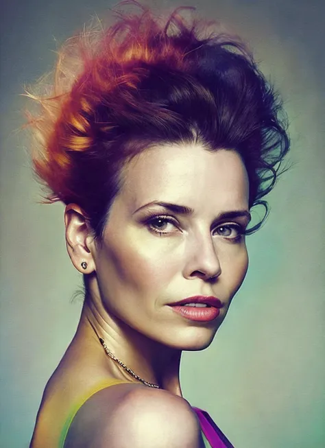 portrait of sks woman by Flora Borsi, style by Flora Borsi, bold, bright colours, rainbow Mohawk haircut, ((Flora Borsi)), <lora:locon_chelsea_v1_from_v1_64_32:1.25>