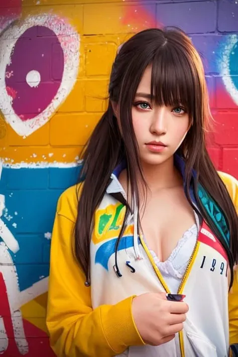 (best quality), masterpieces, extremely detailed CG uniform 8k illustrations, 8k illustrations, high color substitution, sketches graffiti art, extremely detailed light and shadow, extremely detailed face and eyes, graffiti hair, (colorful), (illustrations), girl, graffiti wall,