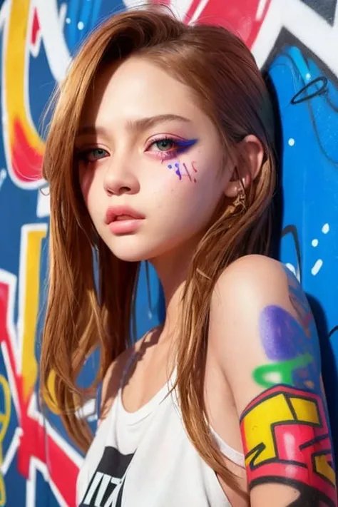 (best quality), masterpieces, extremely detailed CG uniform 8k illustrations, high color substitution, sketches graffiti art, central compositions, extremely detailed light and shadow, Graffiti wall, lively girl graffiti, extremely detailed face and eyes, medium lenght, ((Graffiti tag brick wall background)),