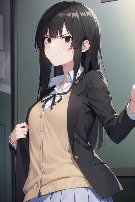 meneamizuha, <lora:menea mizuha manga-lora-nochekaiser:1>,
mizuha, long hair, hime cut, black hair, (black eyes:1.5), angry, frown,
BREAK skirt, shirt, long sleeves, ribbon, school uniform, jacket, pleated skirt, socks, collared shirt, miniskirt, blazer,
BREAK indoors, classroom,
BREAK looking at viewer, (cowboy shot:1.5),
BREAK <lyco:GoodHands-beta2:1>, (masterpiece:1.2), best quality, high resolution, unity 8k wallpaper, (illustration:0.8), (beautiful detailed eyes:1.6), extremely detailed face, perfect lighting, extremely detailed CG, (perfect hands, perfect anatomy),