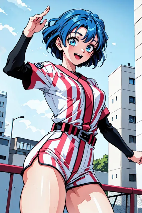(masterpiece, best quality:1.2), cell shaded, 1girl, anime , <lora:mitarai_kiyoko_lora_ver1:0.65>,mitarai_kiyoko, blue eyes, blue hair, short hair, baseball uniform, sportswear, belt, striped shirt, layered sleeves, short sleeves, shorts, striped, vertical stripes,standing,stretching,happy,:d,baseball field,concrete,mid century modern,blue skies,detailed background,buildings, <lora:LORA-XenoDetailer-v2:0.1>