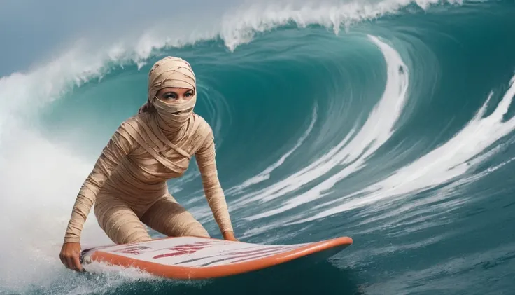 close up action shot of a young woman wearing a Mummy Suit surfing a gigantic wave in the style of a magazine article  <lora:sdxl_lora_mummy:1>