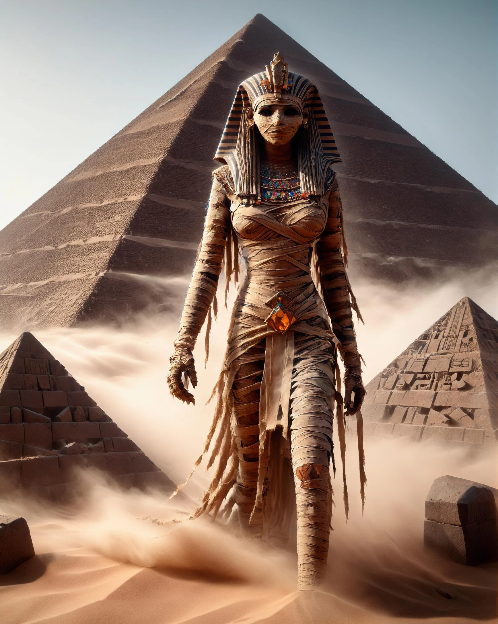 Real estate photography style, mummy with long curly silver hair in (((mummy costume))) he comes out of the pyramid, showing a thumbs-up gesture:1.5 while shooting with a GoPro camera, in the background is a dark room of the pyramid with Egyptian ornaments on the walls,, Cyril Rolando, surreal photography, a matte painting, fantasy art, white luminous fog,
octane render, Unreal Engine 5, Cinematic, Color Grading, portrait Photography, Ultra-Wide Angle, Depth of Field, hyper-detailed, insane details, Photoshoot, Shot on 70mm lens, Tilt Blur, Shutter Speed 1/1000, F/22And, by aderek, by Pawel Tomczuk,realism pushed to the extreem, incredible like live,
<lora:sdxl_lora_dream:0.7>, <lora:add-detail-xl:2.5>, <lora:mummyXL:0.8>, <lora:sdxl_lora_mummy:0.8>, Professional, inviting, well-lit, high-resolution, property-focused, commercial, highly detailed