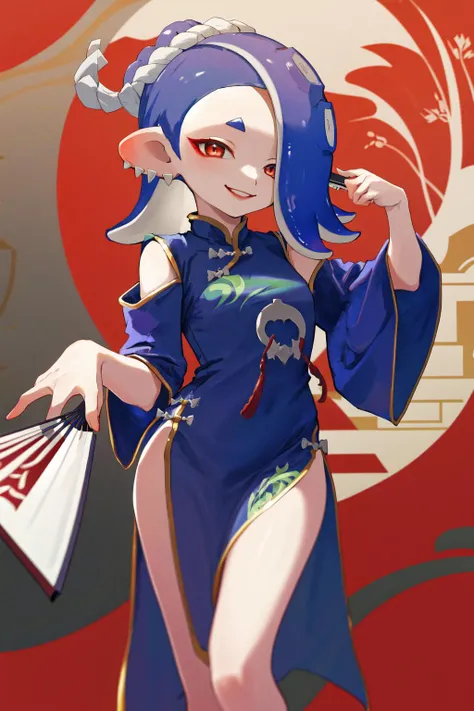 masterpiece, best quality, highres, 1girl shiver <lora:shiver_splatoon:1> china dress, hand fan, smile