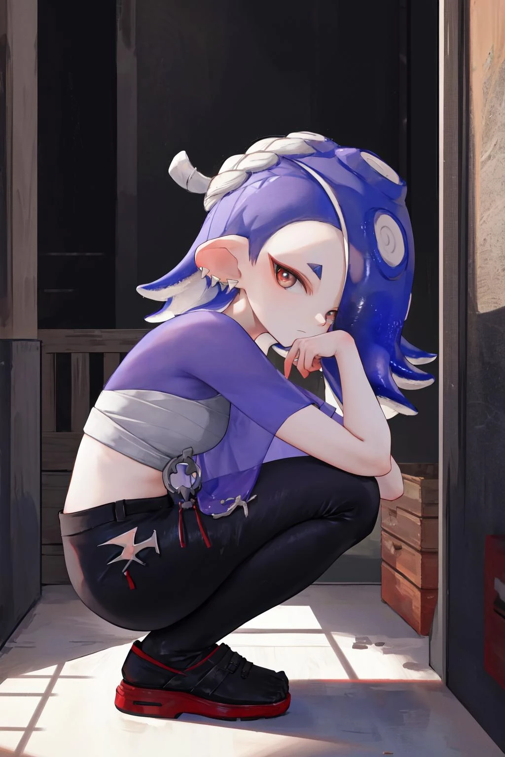 masterpiece, best quality, highres, 1girl shiver default <lora:shiver_splatoon:1> squatting, from side, head rest, looking at viewer