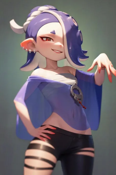 Splatoon、Shiver、Eau，moisture，half body photo，quietness，sad，Wet clothes、huge tit、、wetted skin、Sheer nipples、waist up full body simple background hand/hands pointed down tentacle hair looking at viewer 、sexy  pose、、Big breasts、wetted skin、red blush、huge breasts masterpiece, best quality, highres, 1girl shiver default hand on hip, smile