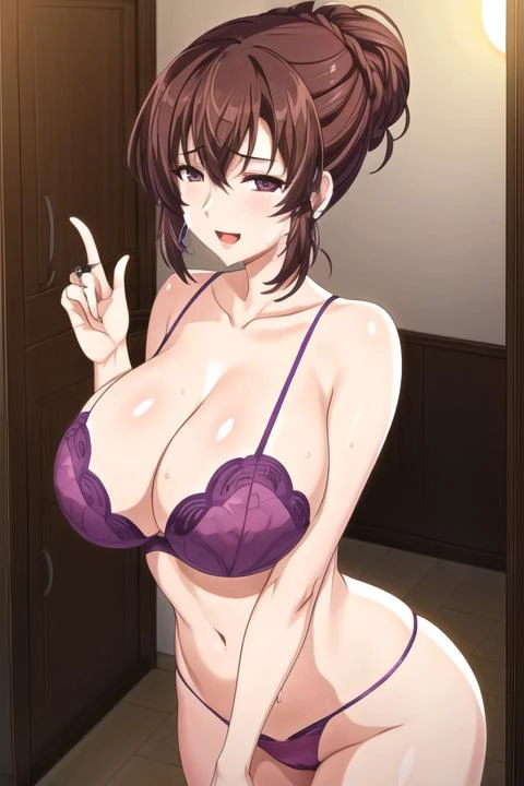 masterpiece, best quality,1girl,breasts,smile,short hair,brown hair,light brown hair,purple eyes,hair over one eye,breast,one strand hair, sitting, castle indoor, sitting in a bed, nude, underwear  crossed legs, nude leg, large breast, ahegao