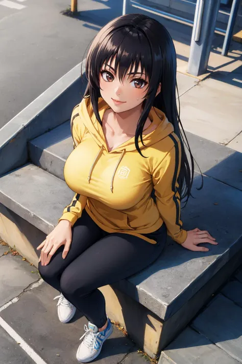 masterpiece, best quality, <lora:kotegawayui-nvwls-v1-000009:0.9> defYui, blue hoodie, black sweatpants, long sleeves, stairs, sitting, large breasts, from above, smile, sneakers