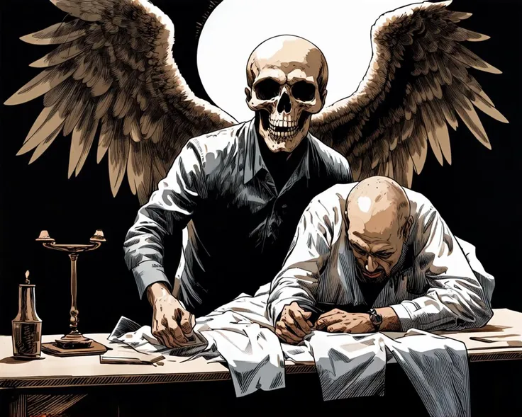gabriel the angel of death comes down for your poor soul, next to a man laying his crying head on a table, (eerie, horror, creepy:0.35), (neatly putting a white sheet over a body:1.24)